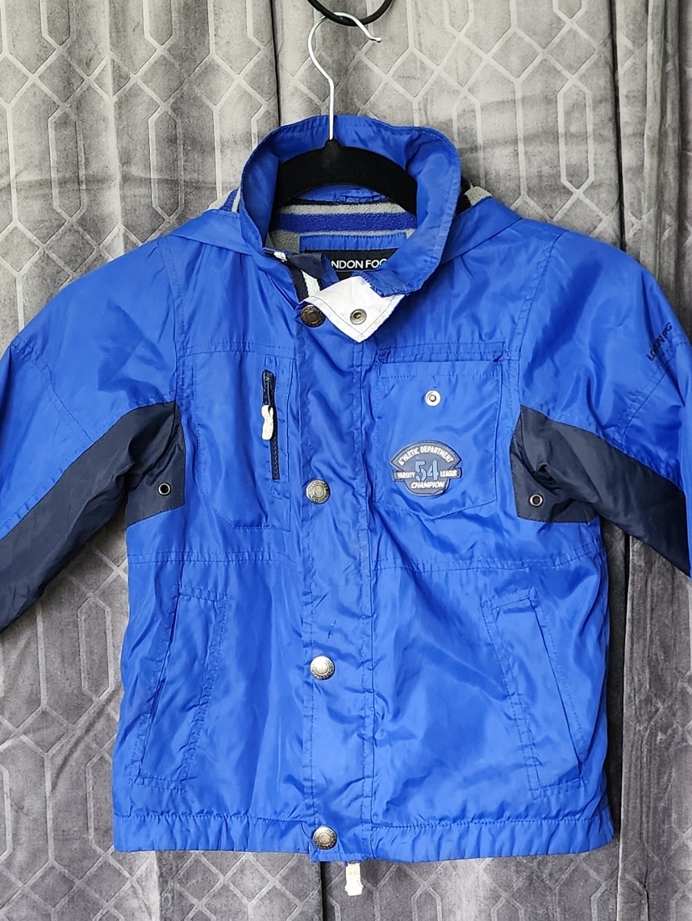 London Fog Bright Blue Hooded Kids Jacket with Navy Accents